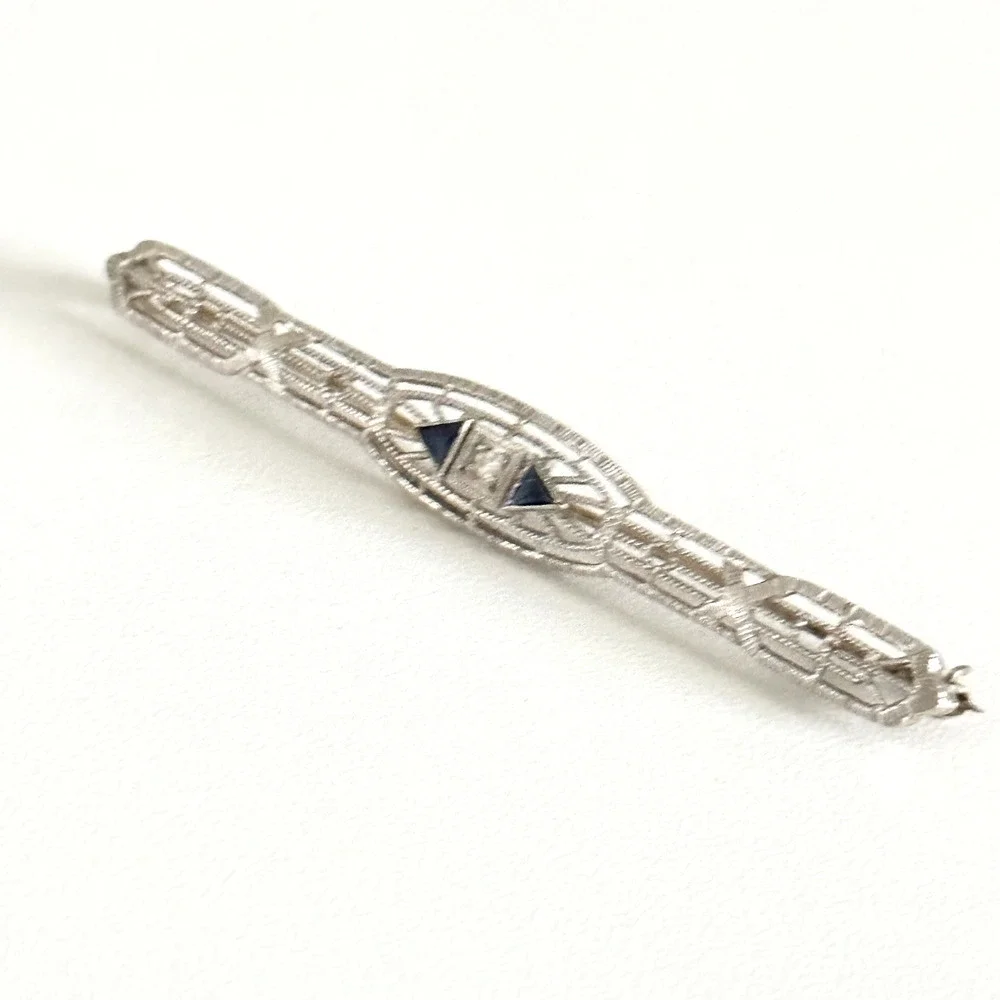 Antique 14K Solid White Gold Sapphire & Diamond Intricate Detail Bar Brooch Pin
